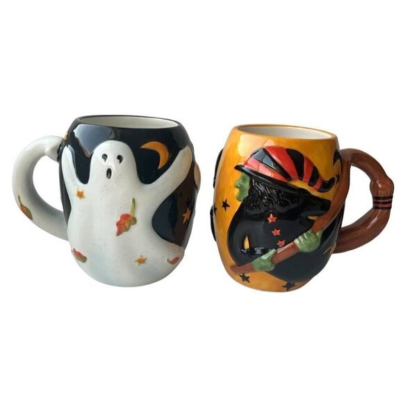 Susan Winget Lot of 2 Halloween Witch Ghost Coffee Cup Mug 3D Wrap Around Design - Picture 1 of 16